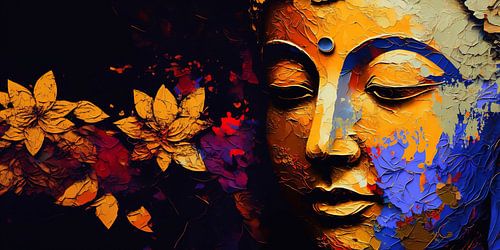 Colourful abstract painting of Buddha & lotus flower by Surreal Media