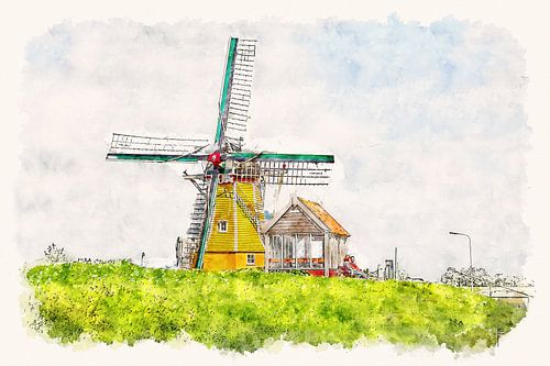 Grain mill "De Hoop" in Sint Philipsland (Zeeland, The Netherlands) (watercolor)