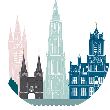 Skyline illustratie stad Delft in kleur van Mevrouw Emmer