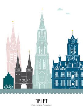 Illustration de la ligne d'horizon de la ville de Delft en couleur sur Mevrouw Emmer