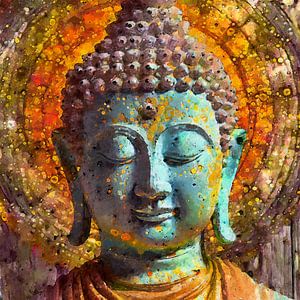 Portrait de Bouddha dans les tons vert de mer et orange