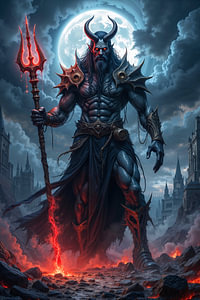 Dark Fantasy Art Wandbild: MALZAROTH - Der Dämon mit dem Dreizack in der zerstörten Stadt