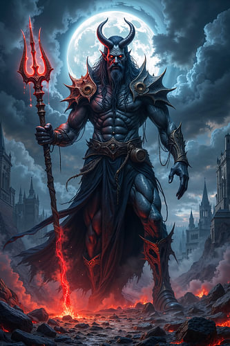Dark Fantasy Art Wandbild: MALZAROTH - Der Dämon mit dem Dreizack in der zerstörten Stadt