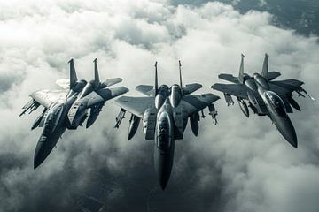 Drie straaljagers vliegen naast elkaar boven de wolken van Digitale Schilderijen