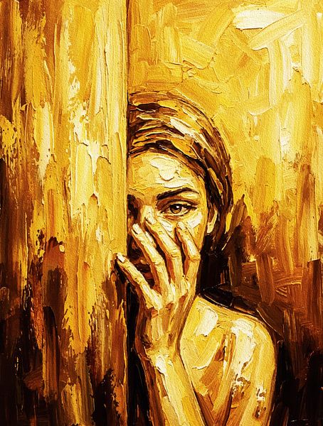 Sepia vrouwelijk portret - emotioneel olieverfschilderij in warme aardetinten van Ramy Salah Hefny