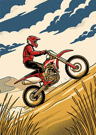 Illustration de style bande dessinée rétro représentant un pilote de motocross en rouge gravissant une dune herbeuse sur Adam Khabibi