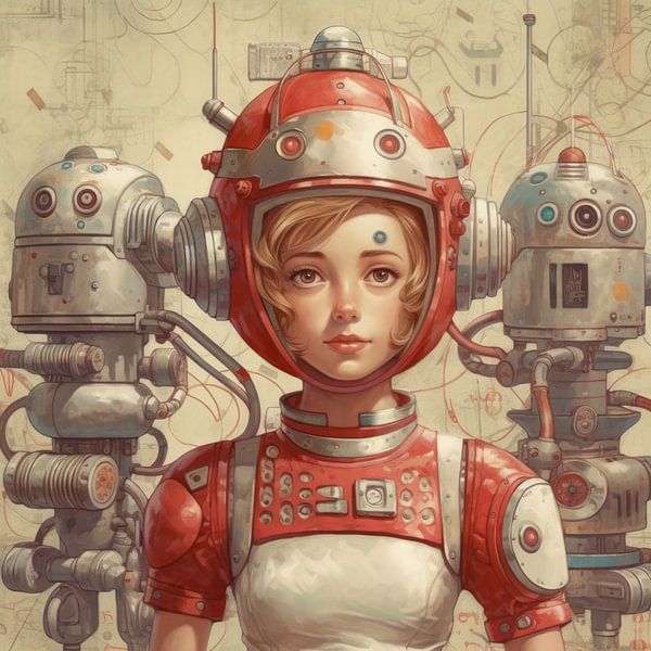 Woman robot with a sweet look and vintage look by Art Bizarre