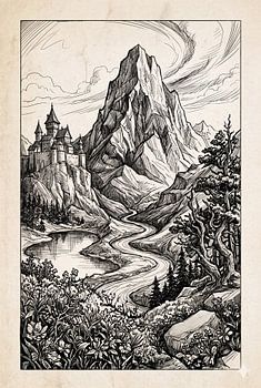 Fantasy Mountain Valley & Castle - Pen and Ink Landscape Sketch