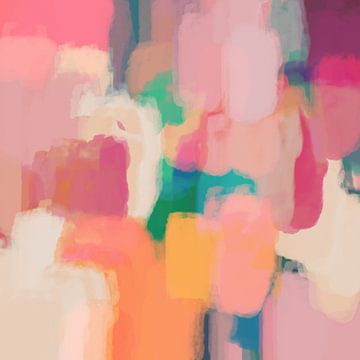 Pastel dromen. Kleurrijk abstract schilderij in roze, groen, geel, paars. van Dina Dankers