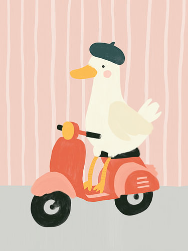 Duck in a Beret on a Scooter – Playful Kids Room Art