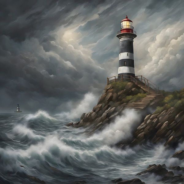 Phare sur une plage orageuse (Peint, Haut détail) par Michiel de Ruiter