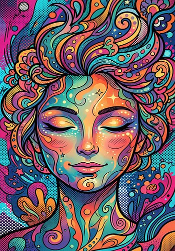 Psychedelisch vrouwenportret met ingewikkeld, kleurrijk patroon in het haar