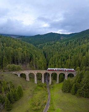 Train sur un viaduc en pierre dans un paysage montagneux verdoyant sur Ewold Kooistra