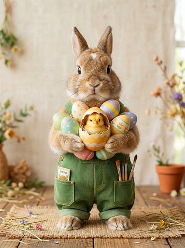 Cute Easter bunny with a chick and eggs by But First Framing