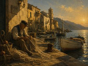 The Fisherman at Sunset – Mediterranean Harbor Wall Art