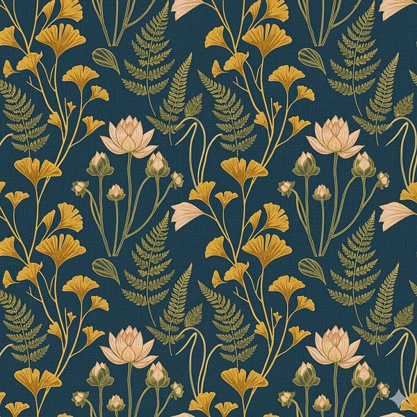 Seamless Pattern Yellow Floral – Elegant Botanical on Dark Green by Ruliyreed