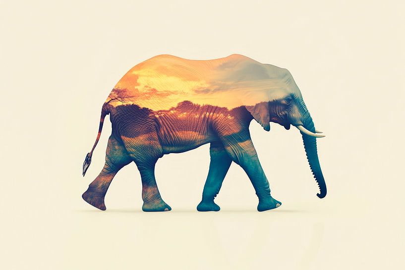 Olifant in de zonsondergang van Poster Art Shop