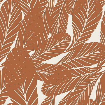 Botanical art in boho style. Leaves in retro colors. Brown and white by Dina Dankers