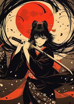 Anime Samurai Warrior holding Katana under Blood Moon by MIROKKU