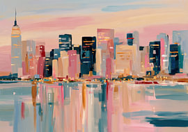 Stedelijke glans | De skyline van New York, abstract in roze en blauw