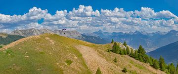 Paraglider takes off over Le puy de La Salle, La Salle Les Alpes, Hautes Alpes, France by Rene van der Meer