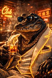 Crocodile Mobster in Neon Pinstripe Suit Holding Whiskey by Faheem Beigh