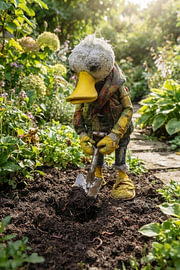 A rubber duck is digging up earthworms in the garden