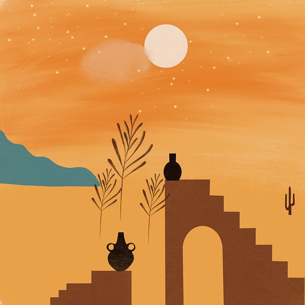 Boho desert sun sky cactus yellow brown nature par nachtfarbenart