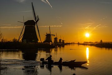 Nederlands polderlandschap bij Kinderdijk net na zonsopkomst.