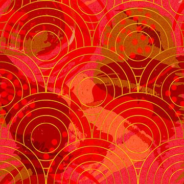 Japans geometrisch retro gouden patroon in oranje, rood en bruin. van Dina Dankers