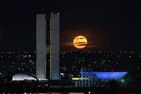 Full moon rising behind the Brazilian parliament