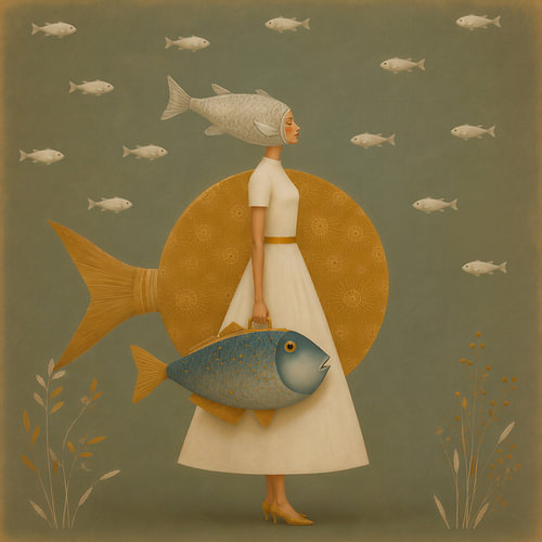 A Different Current | Surrealistisches Porträt mit Fischen