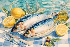 Mediterranes Stillleben mit Sardinen und Zitrone