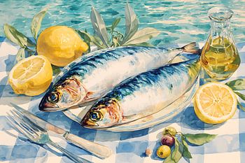 Mediterraan stilleven met sardientjes en citroen
