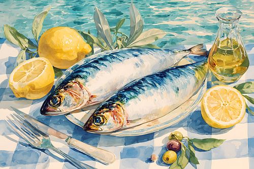 Mediterraan stilleven met sardientjes en citroen