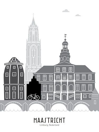 Skyline illustratie stad Maastricht zwart-wit-grijs