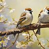 Peinture d'oiseaux printanière | Moineaux sur une branche en fleurs sur Peintures accrocheuses