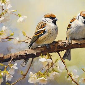 Peinture d'oiseaux printanière | Moineaux sur une branche en fleurs sur Peintures accrocheuses