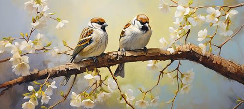 Spring Bird Painting | Sparrows on Blossom Branch by Eye catching paintings