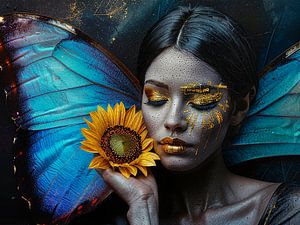 Modernes surrealistisches Porträt einer Frau mit Schmetterling und Sonnenblume