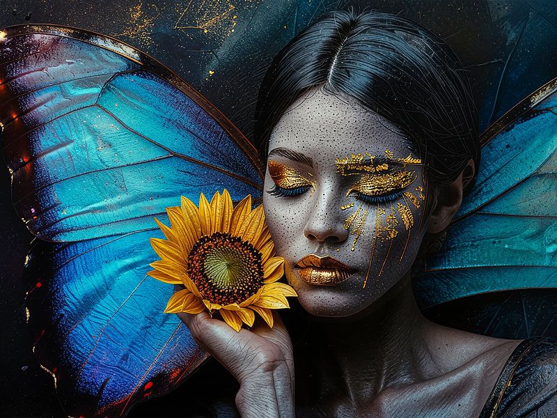 Modern surrealist portrait of a woman with butterfly and sunflower by Studio Pieternel