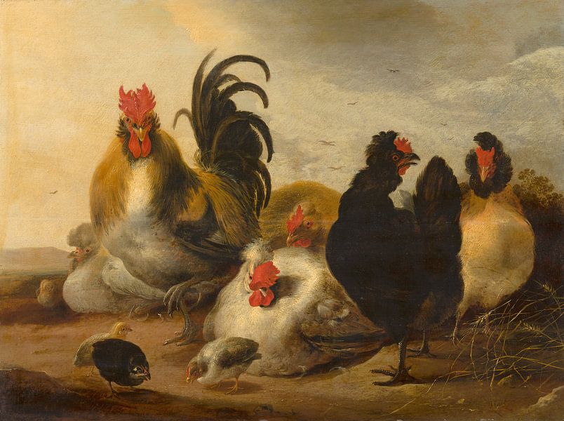 Hahn und Hühner in einer Landschaft - Melchior d'Hondecoeter von Marieke de Koning