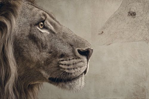 Lion dans le regard de la réflexion Nature et ligne en interaction