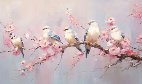 Oiseaux sur une branche de cerisier en fleurs