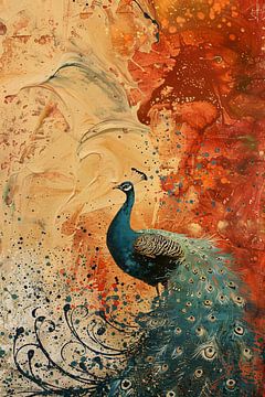 Kleurrijk abstract schilderij met een pauw van De Muurdecoratie