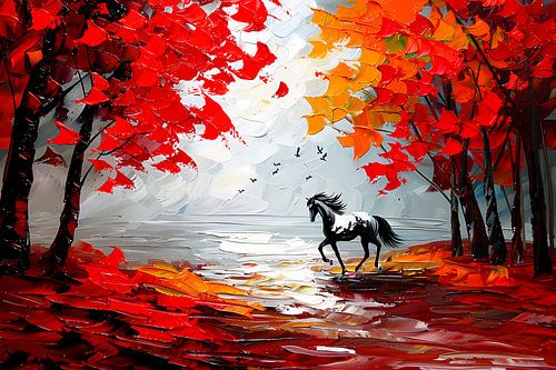 Cheval au galop dans une forêt d'automne colorée