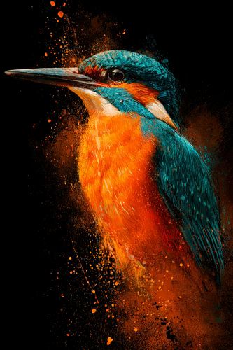Kingfisher Portrait in Fiery Splashes of Paint