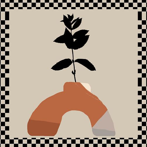 Zwarte plant in vaas. Boho Retro Abstract stilleven.