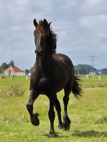 Fries paard in galop aquarel