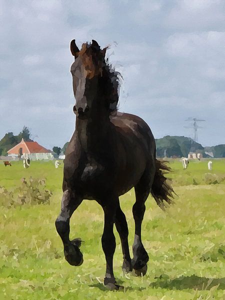 Cheval frison au galop aquarelle par Beeldwerk, fotografie Dorit Habing